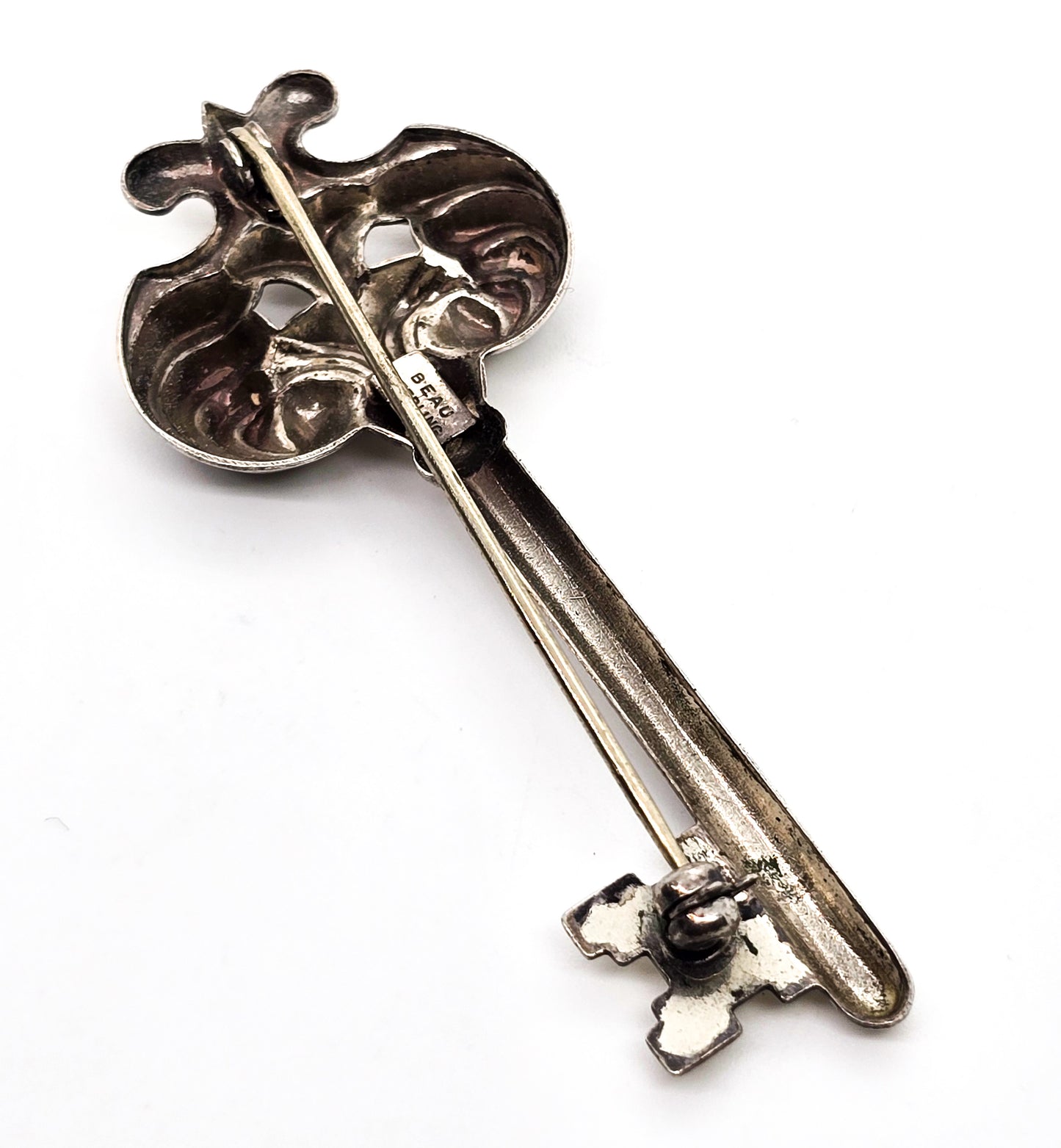 Beau Sterling Skeleton Key  vintage signed sterling silver mid century brooch