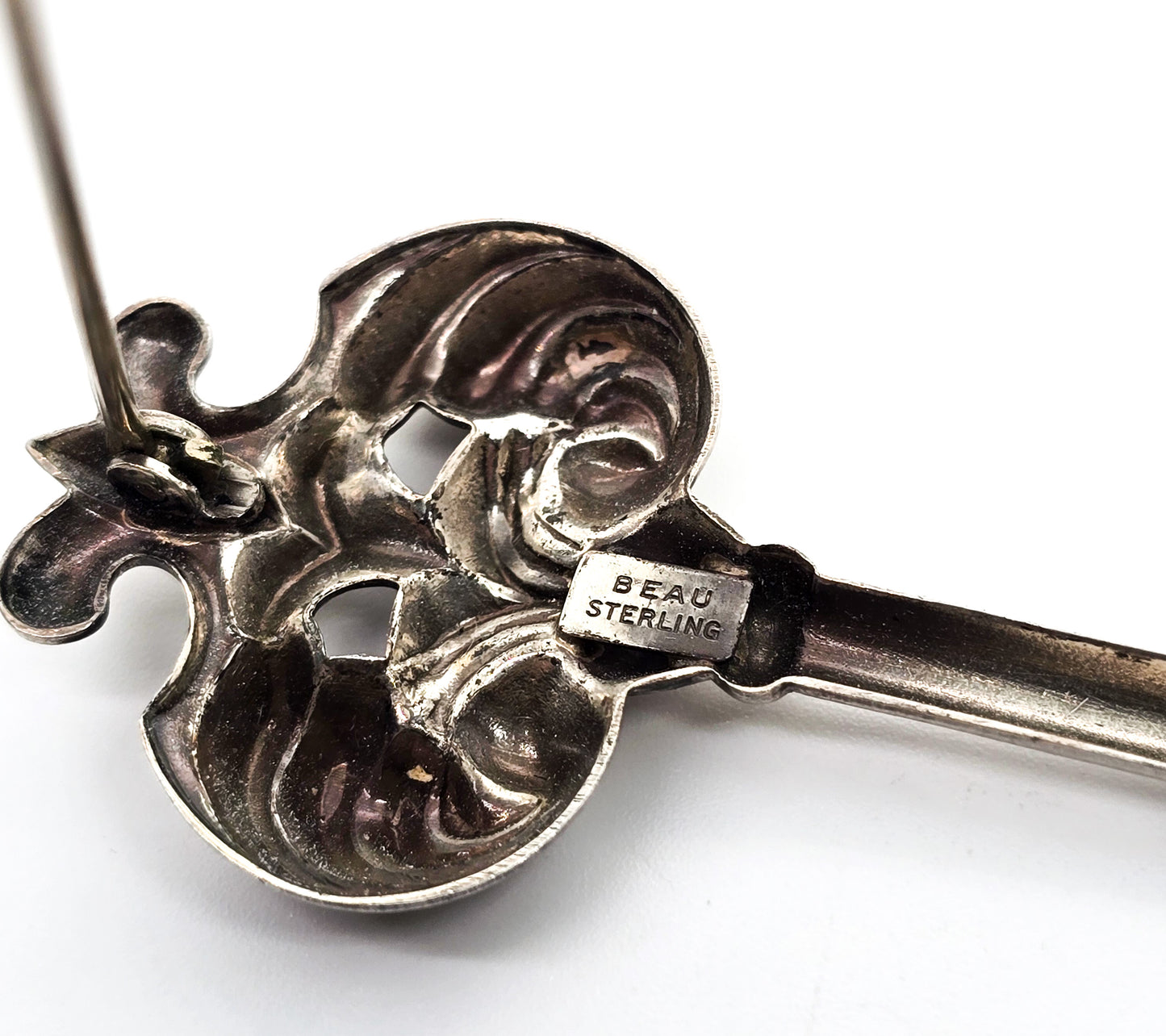 Beau Sterling Skeleton Key  vintage signed sterling silver mid century brooch