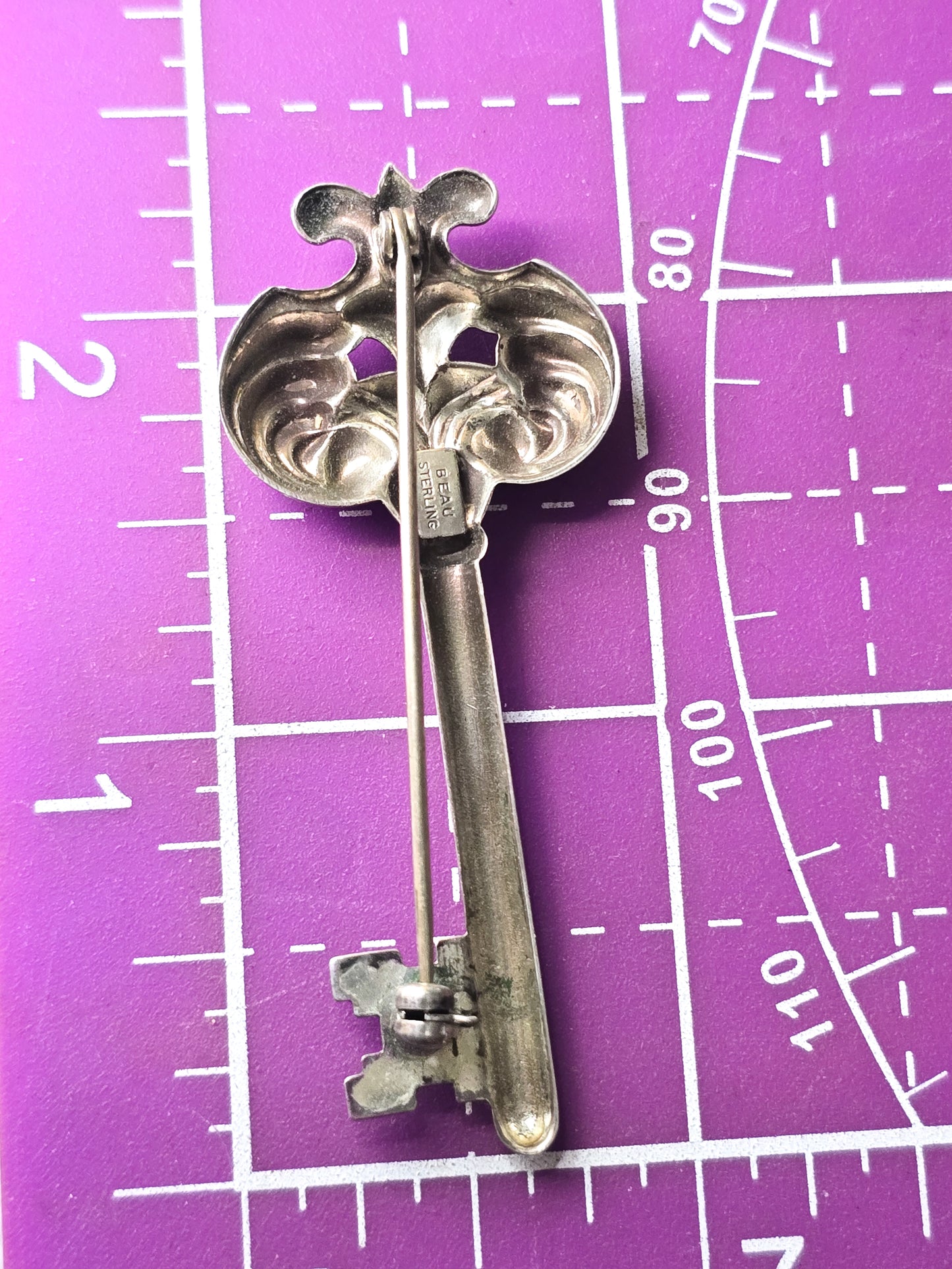 Beau Sterling Skeleton Key  vintage signed sterling silver mid century brooch