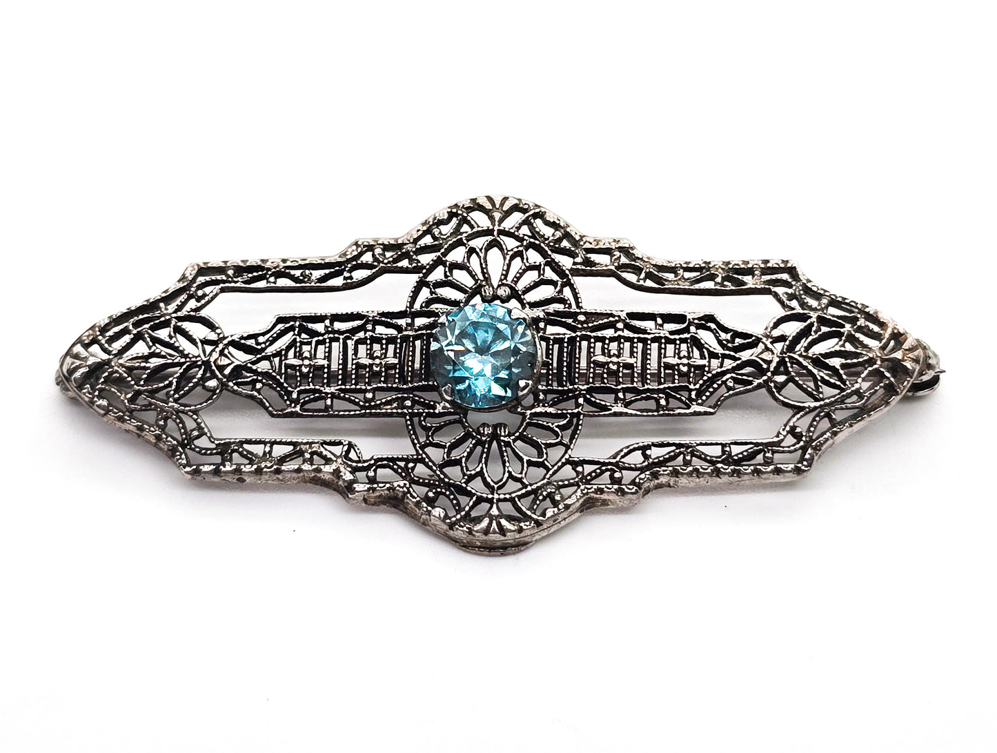 Art Deco filigree Blue topaz vintage sterling silver bar pin brooch