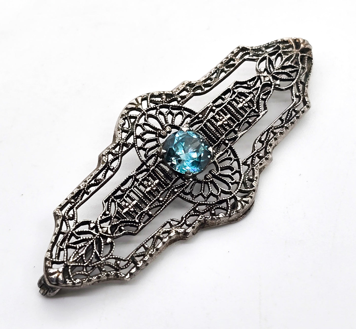 Art Deco filigree Blue topaz vintage sterling silver bar pin brooch