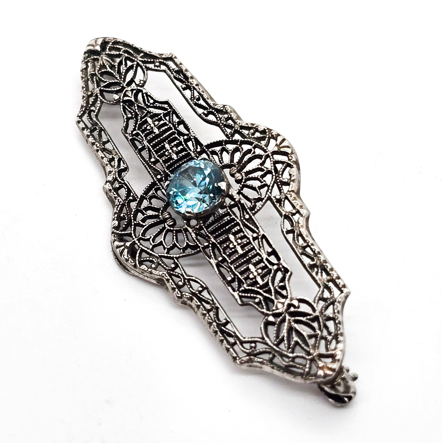 Art Deco filigree Blue topaz vintage sterling silver bar pin brooch