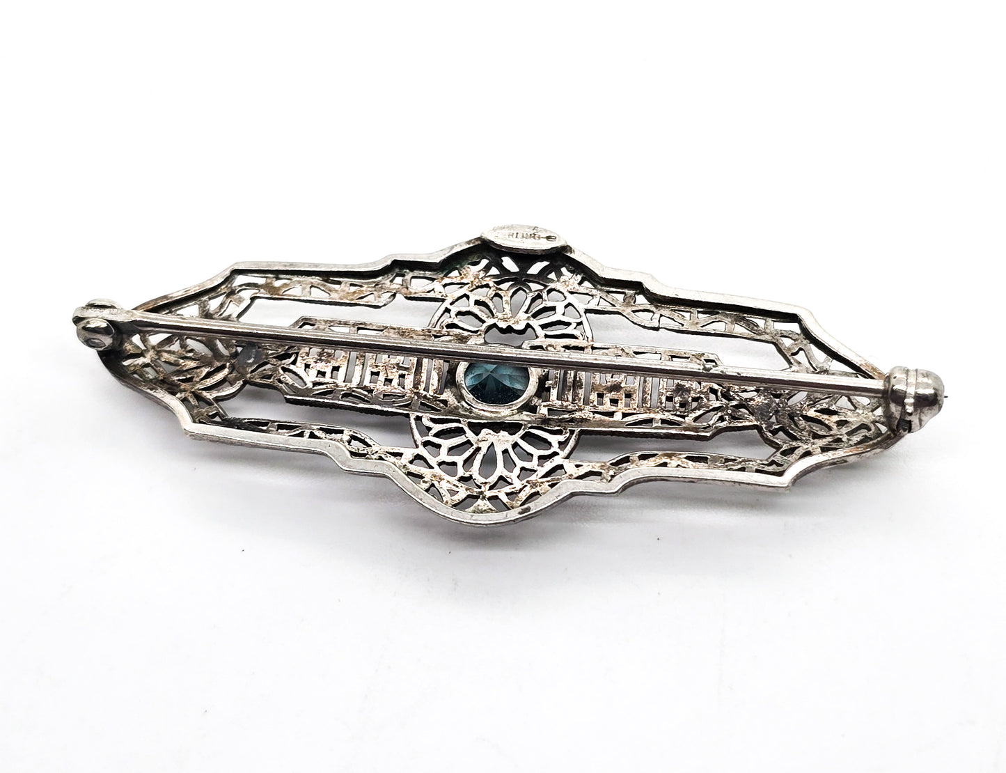 Art Deco filigree Blue topaz vintage sterling silver bar pin brooch