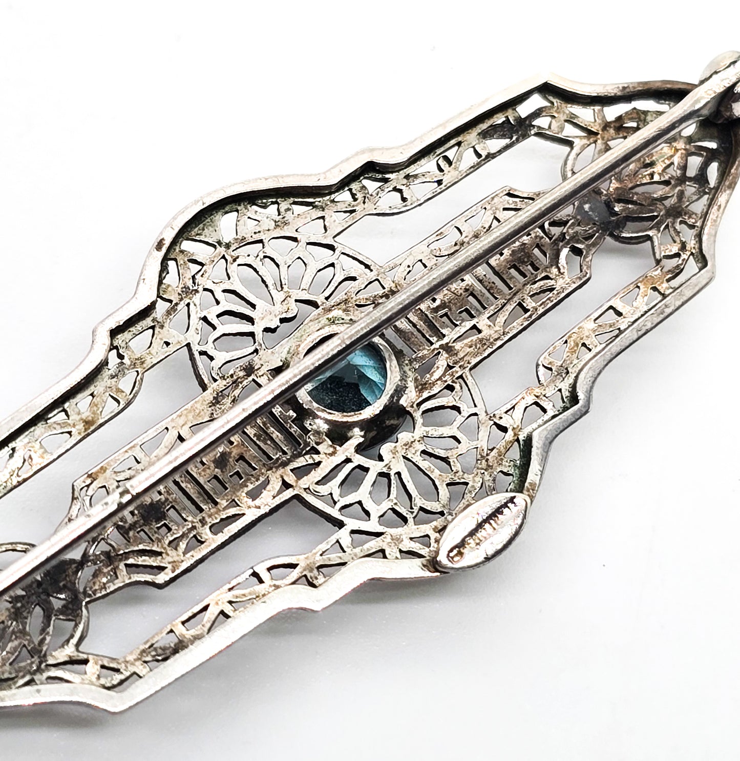 Art Deco filigree Blue topaz vintage sterling silver bar pin brooch