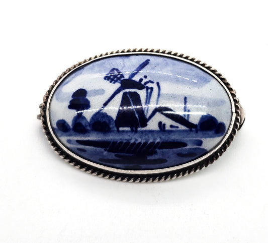 Delft Blue Porcelain enamel Dutch windmill vintage sterling silver Brooch