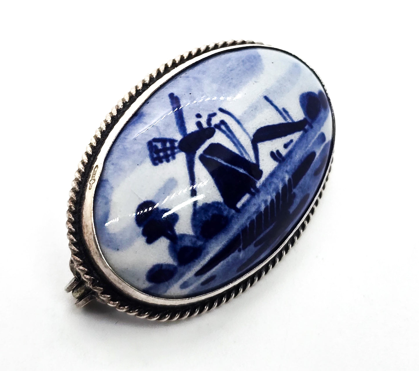 Delft Blue Porcelain enamel Dutch windmill vintage sterling silver Brooch