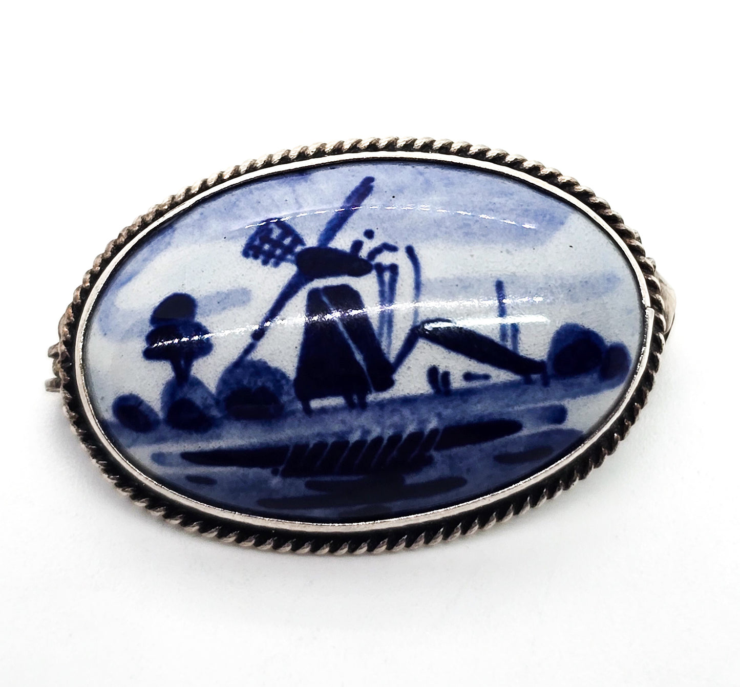 Delft Blue Porcelain enamel Dutch windmill vintage sterling silver Brooch