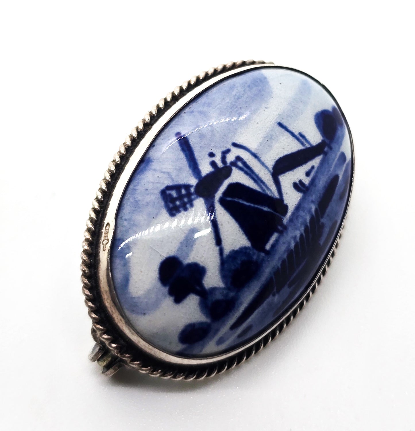 Delft Blue Porcelain enamel Dutch windmill vintage sterling silver Brooch