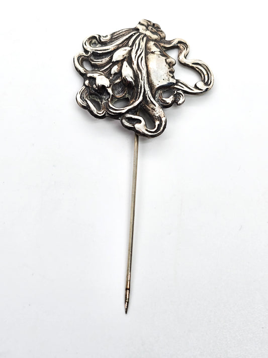 Art Nouveau Nymph woman lady antique sterling silver hat lapel stick pin brooch