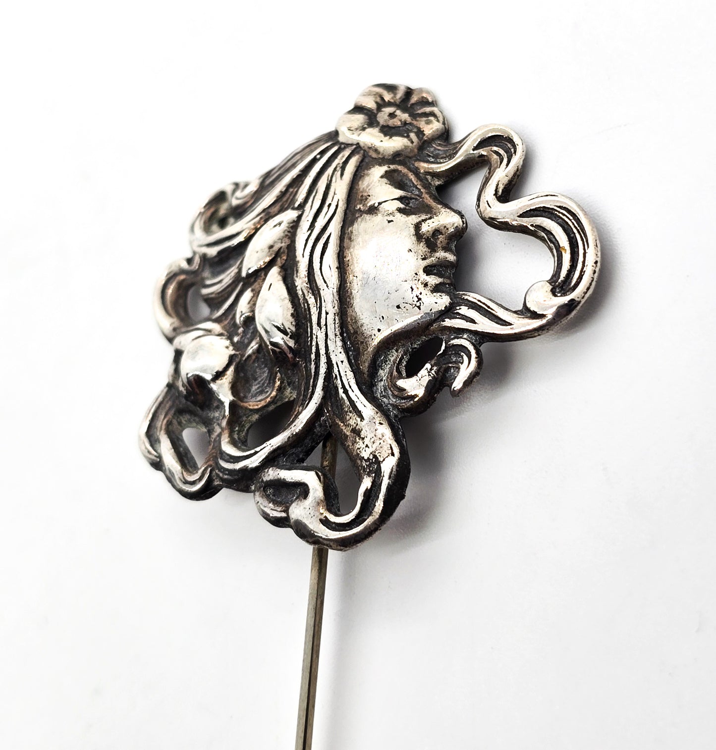 Art Nouveau Nymph woman lady antique sterling silver hat lapel stick pin brooch