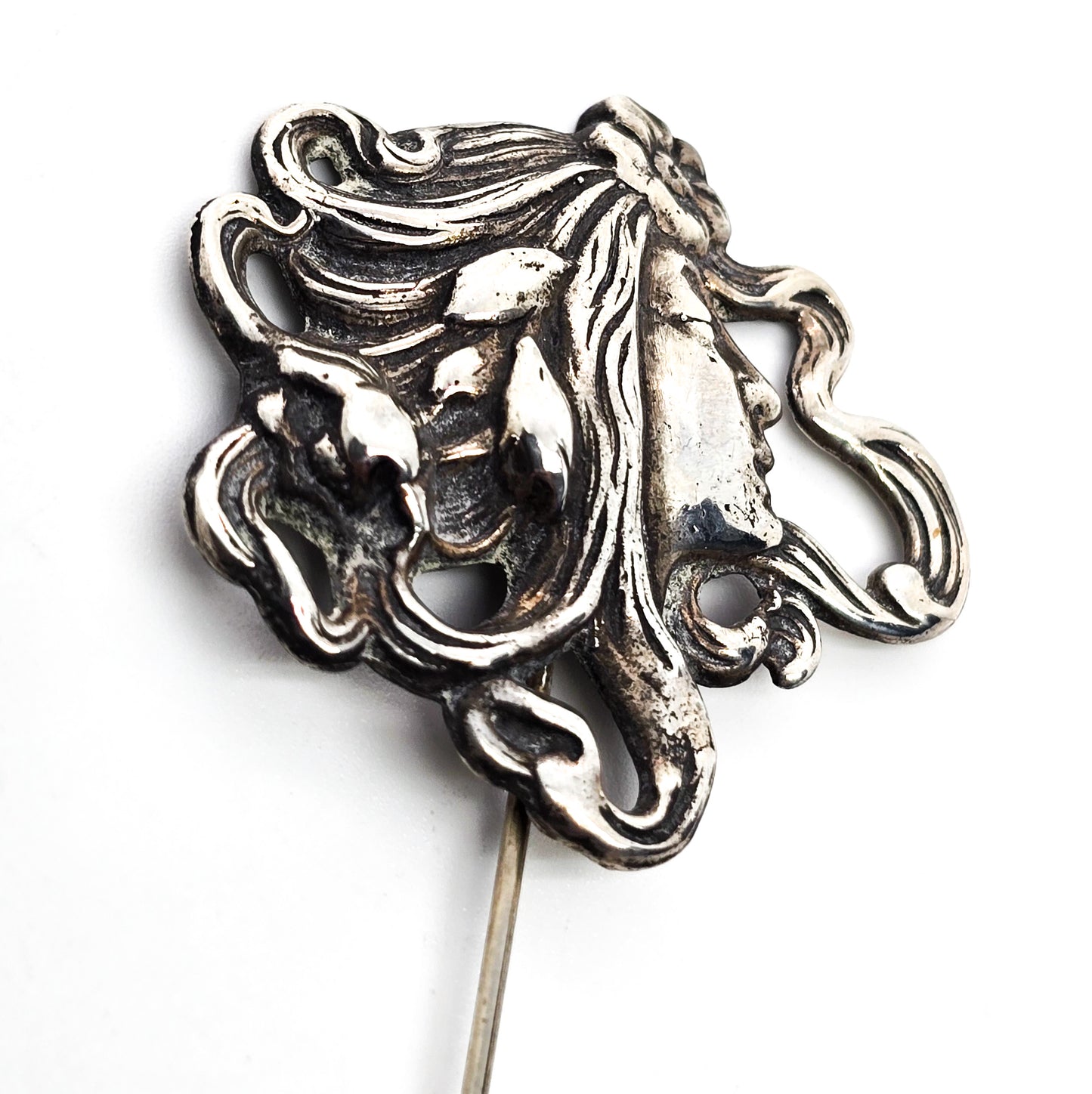 Art Nouveau Nymph woman lady antique sterling silver hat lapel stick pin brooch