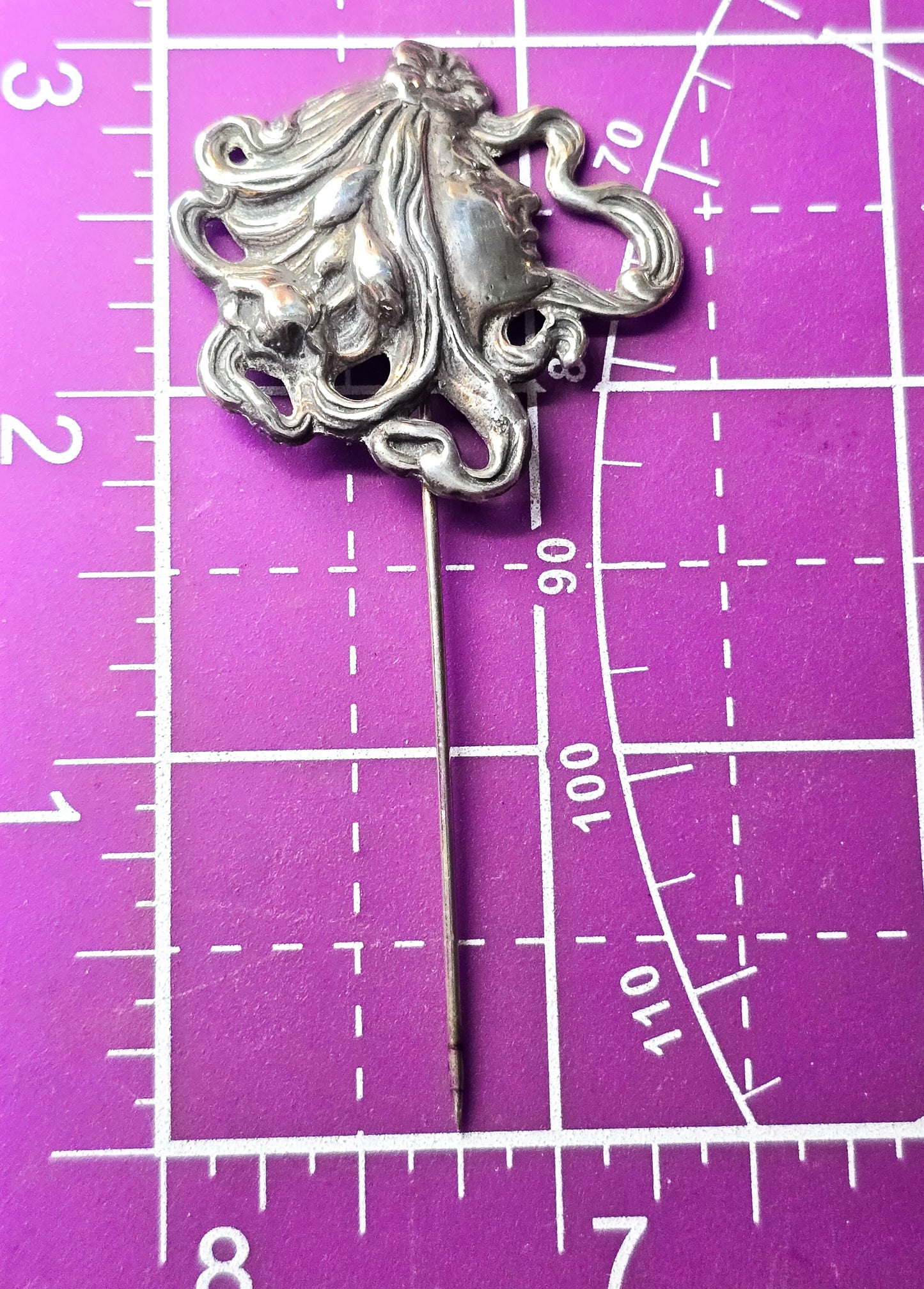 Art Nouveau Nymph woman lady antique sterling silver hat lapel stick pin brooch