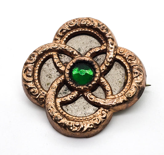 Yellow gold filled lovers knot Victorian antique green paste mirror brooch