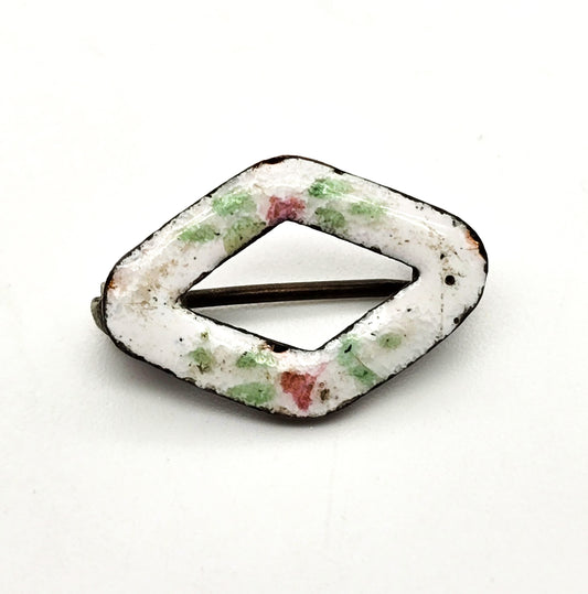 White enamel pink rose hand painted tiny petite antique Art Nouveau brooch