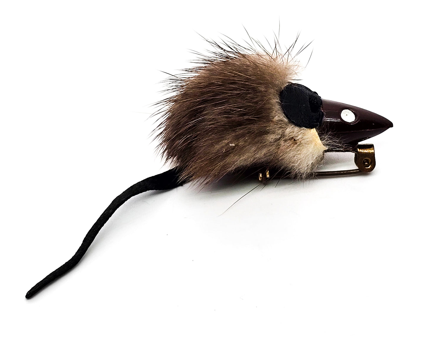 Mink fur and leather vintage figural mouse animal brooch