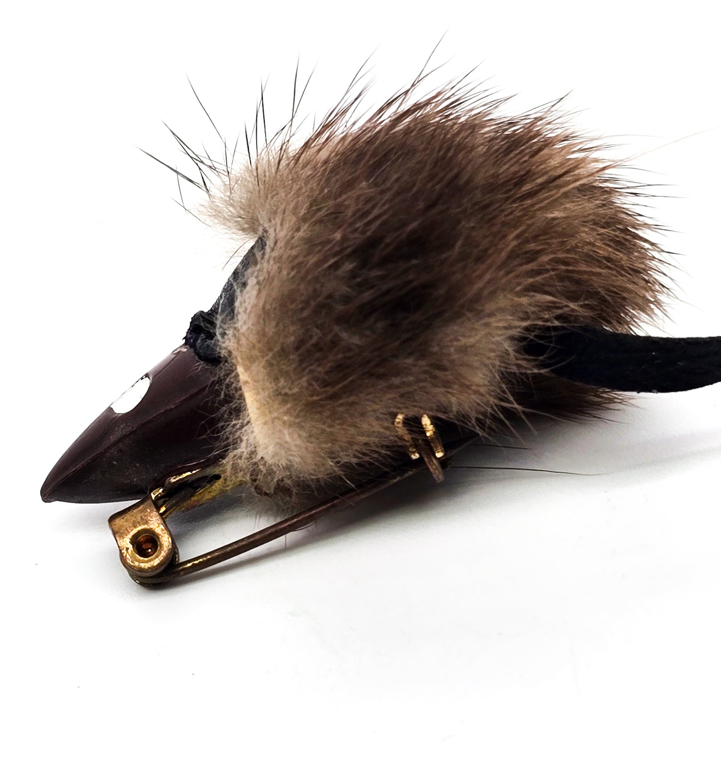 Mink fur and leather vintage figural mouse animal brooch