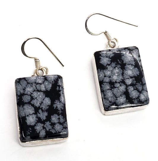 Snowflake Obsidian Large black and grey gemstone sterling silver drop earrings