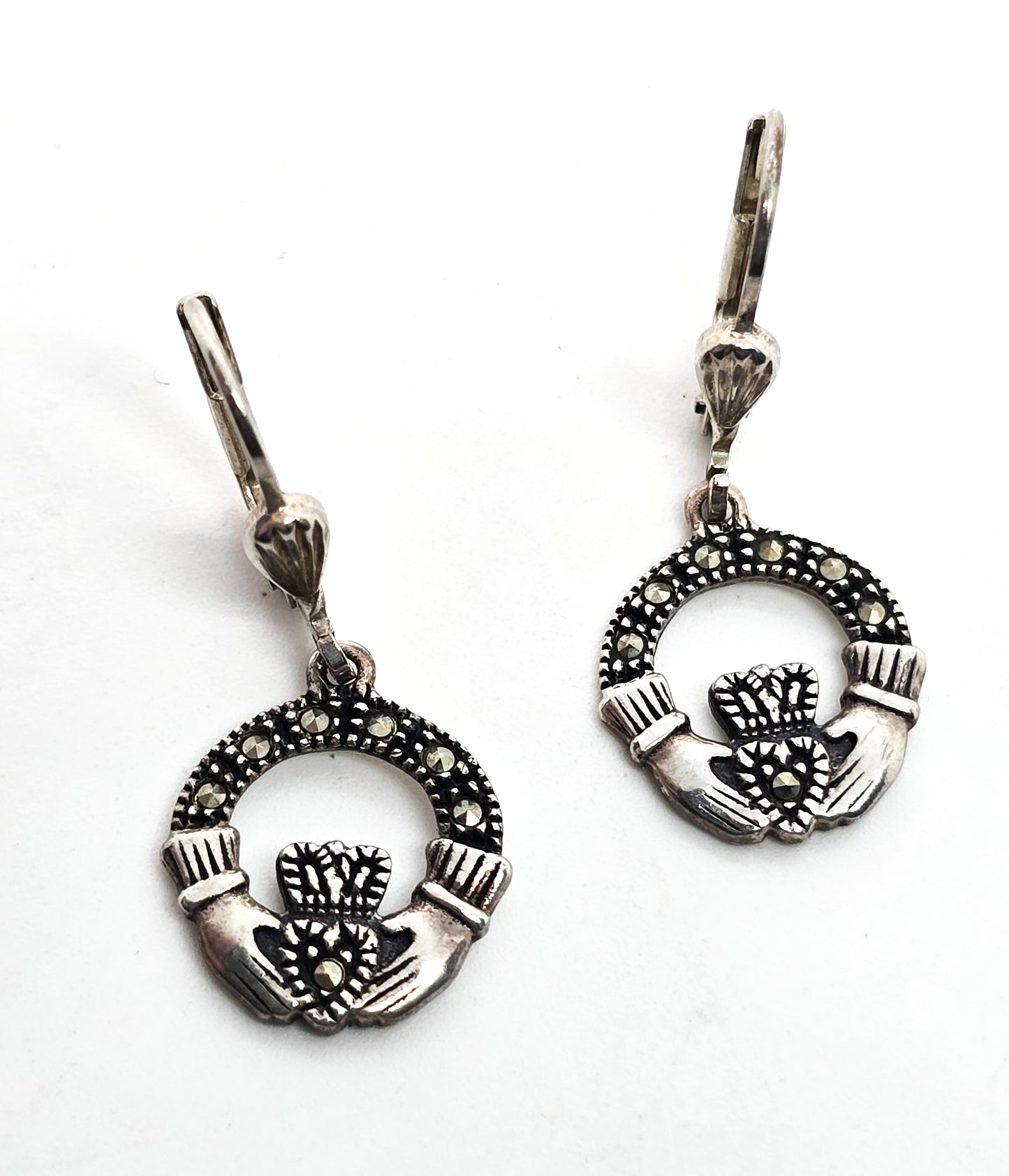 Solvar Claddagh Celtic Irish hoop marcasite vintage sterling silver drop earrings