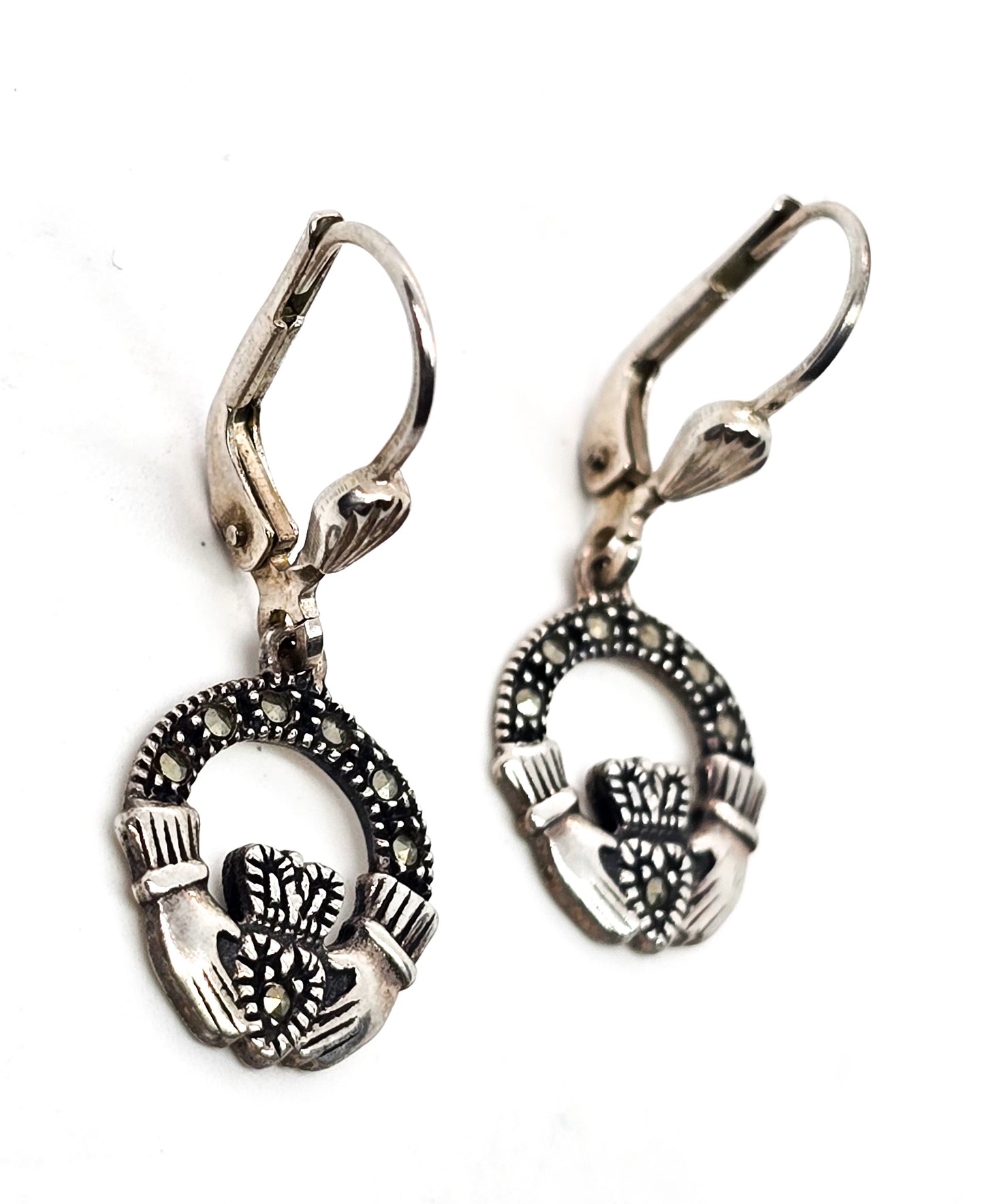 Solvar Claddagh Celtic Irish hoop marcasite vintage sterling silver drop earrings