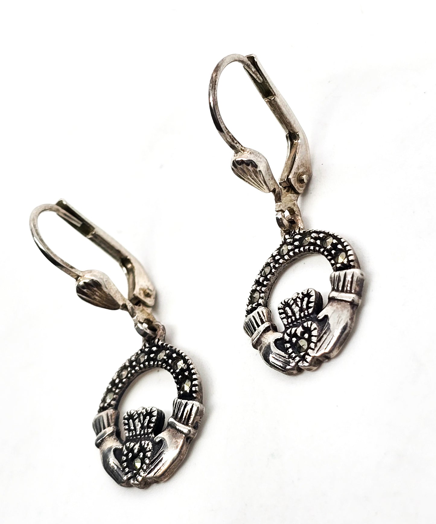 Solvar Claddagh Celtic Irish hoop marcasite vintage sterling silver drop earrings