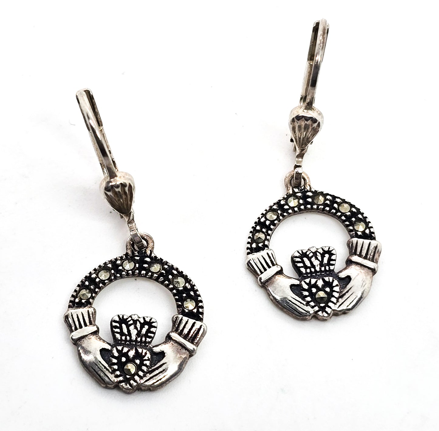 Solvar Claddagh Celtic Irish hoop marcasite vintage sterling silver drop earrings