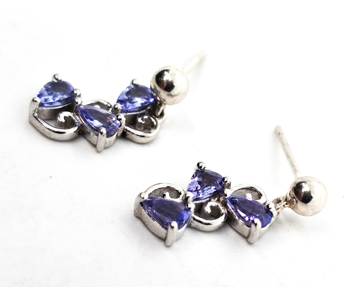 Blue tanzanite triple heart sterling silver drop post earrings