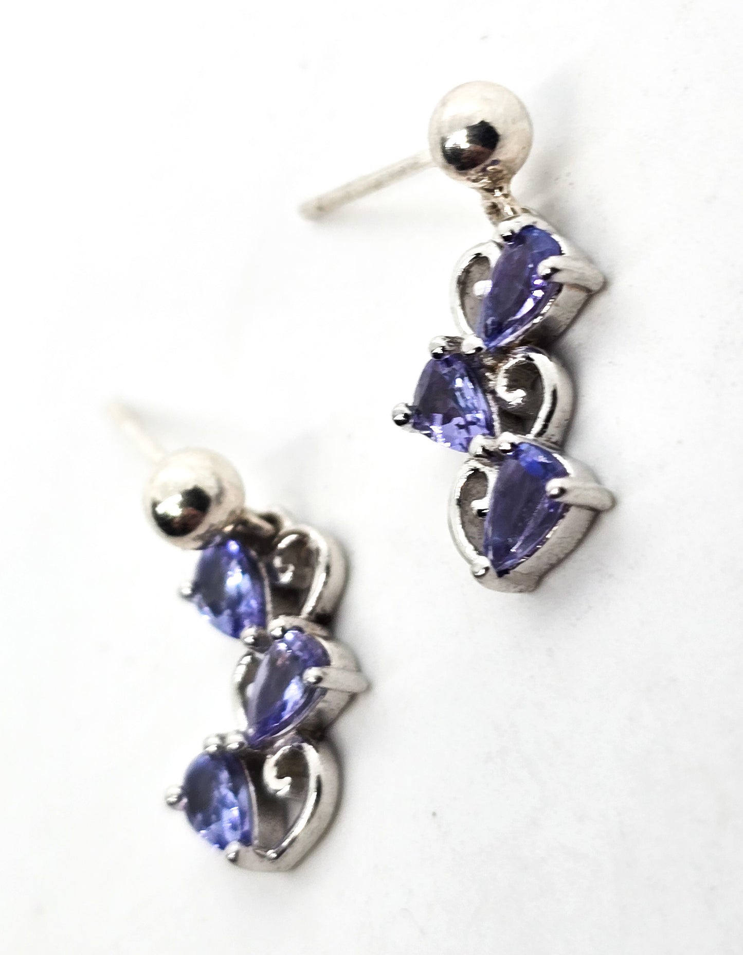 Blue tanzanite triple heart sterling silver drop post earrings