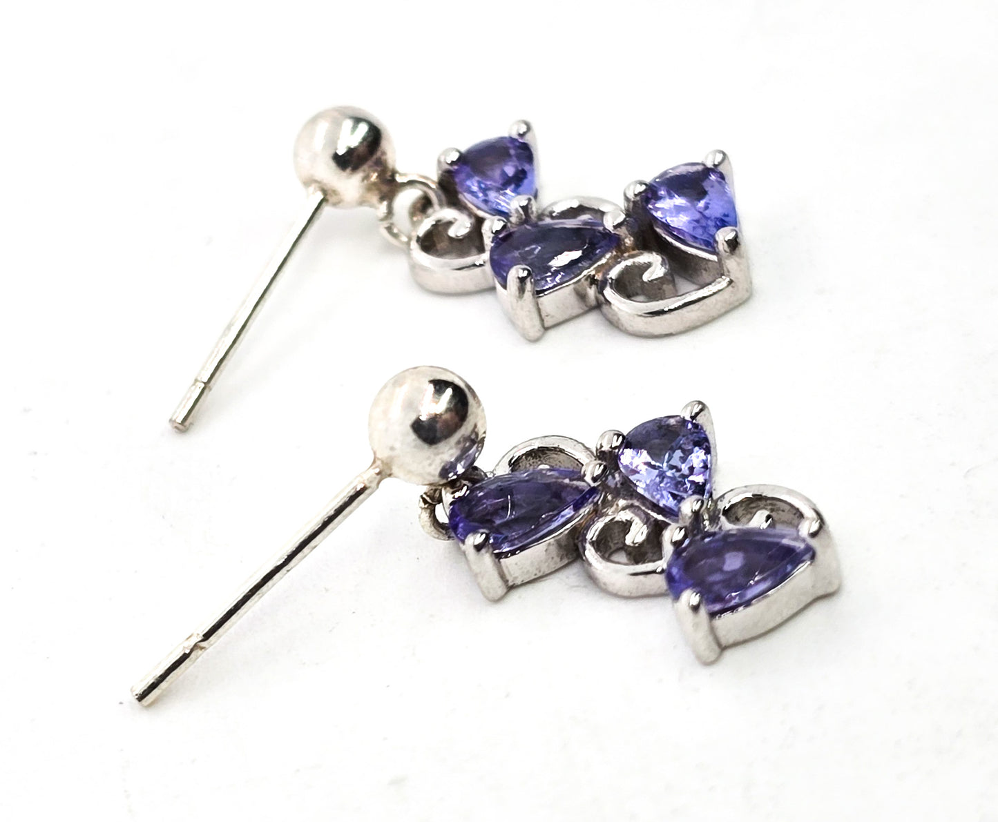 Blue tanzanite triple heart sterling silver drop post earrings