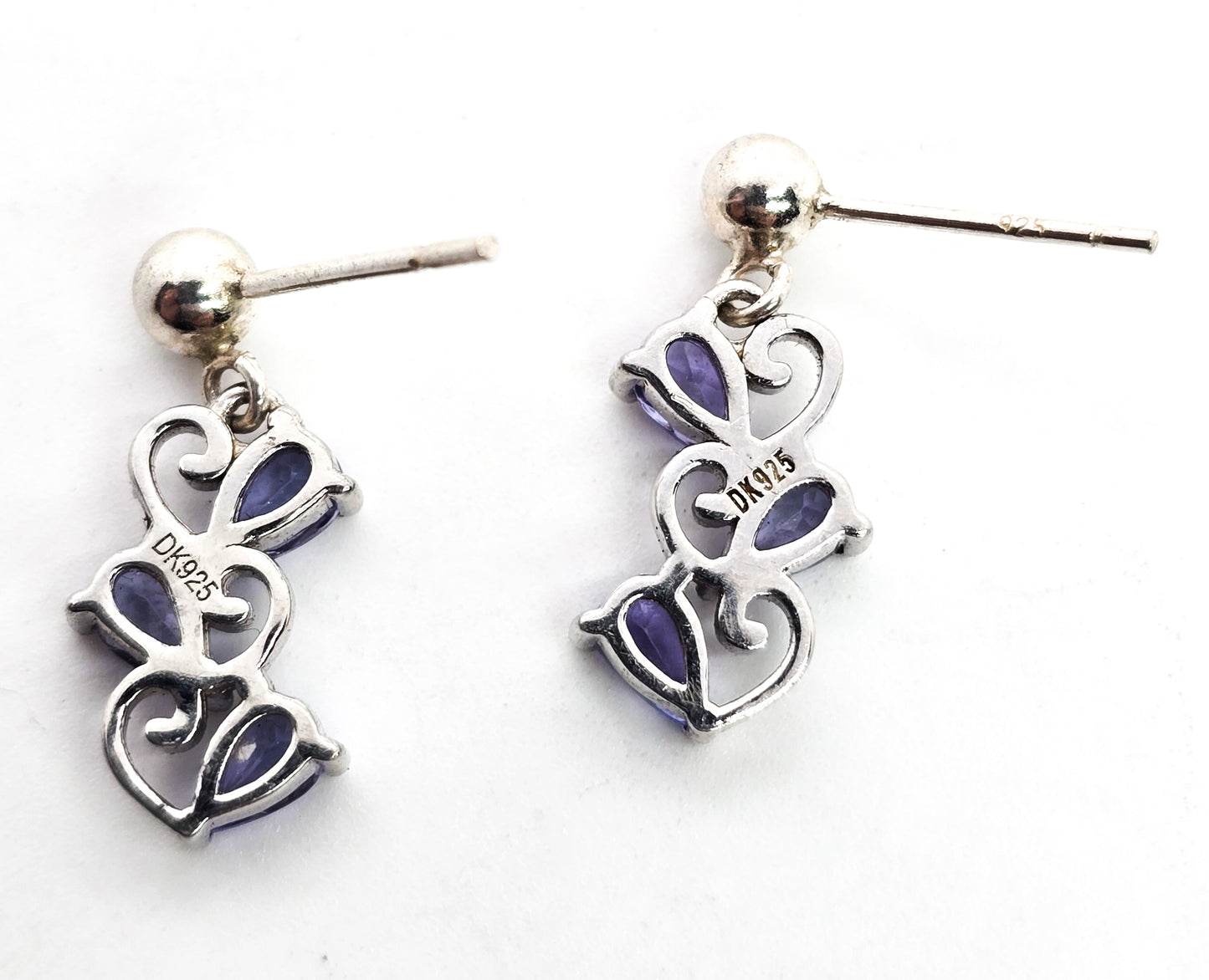 Blue tanzanite triple heart sterling silver drop post earrings