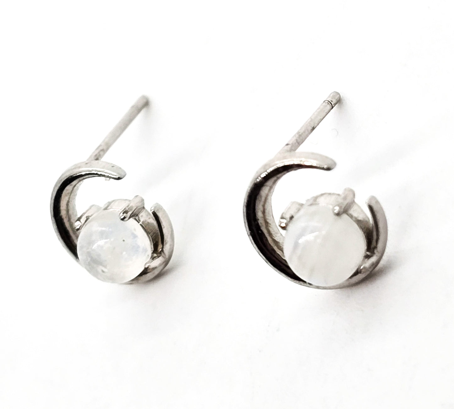 Rainbow Moonstone Flashy silver crescent sterling silver gemstone stud earrings