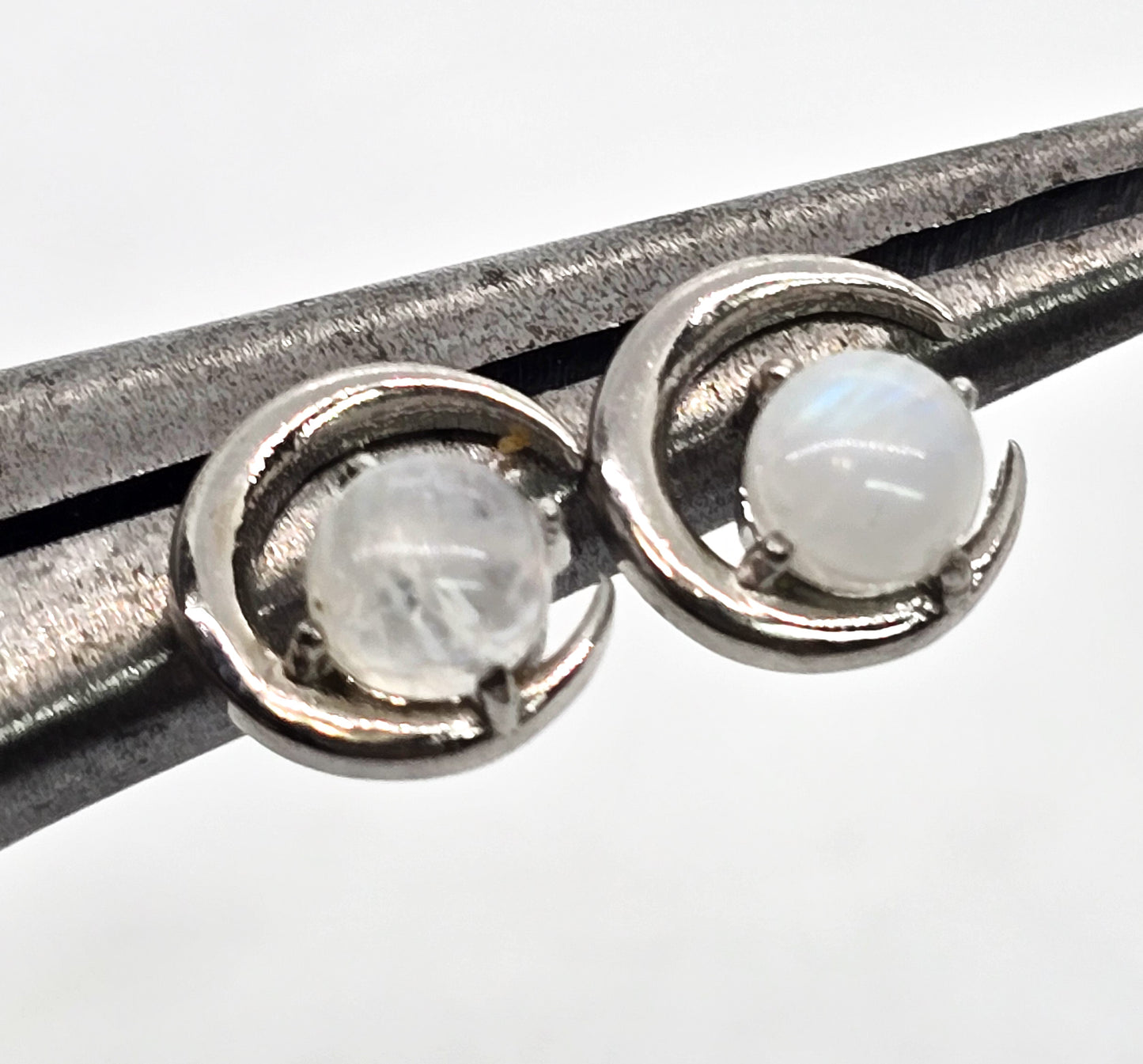 Rainbow Moonstone Flashy silver crescent sterling silver gemstone stud earrings