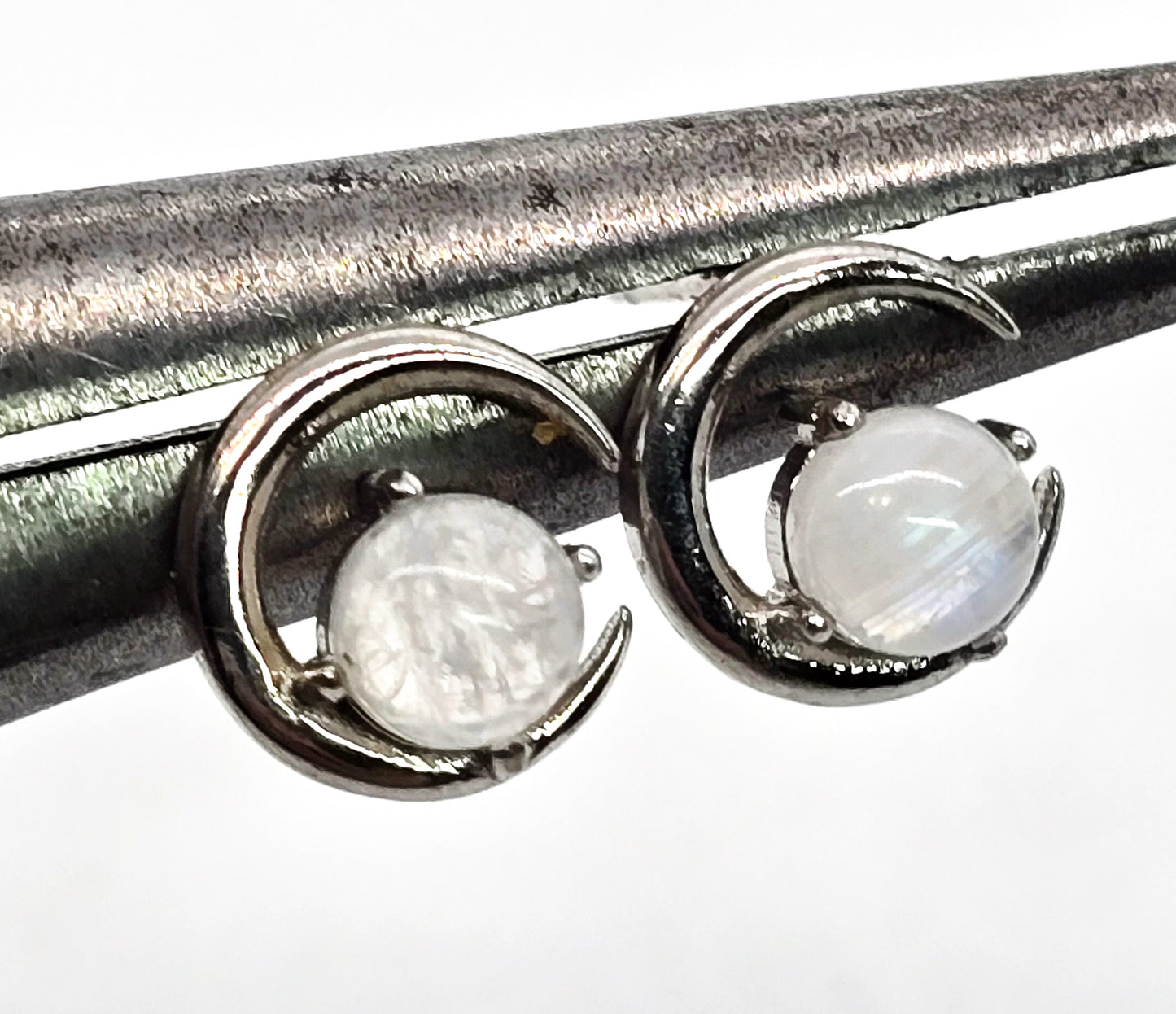 Rainbow Moonstone Flashy silver crescent sterling silver gemstone stud earrings