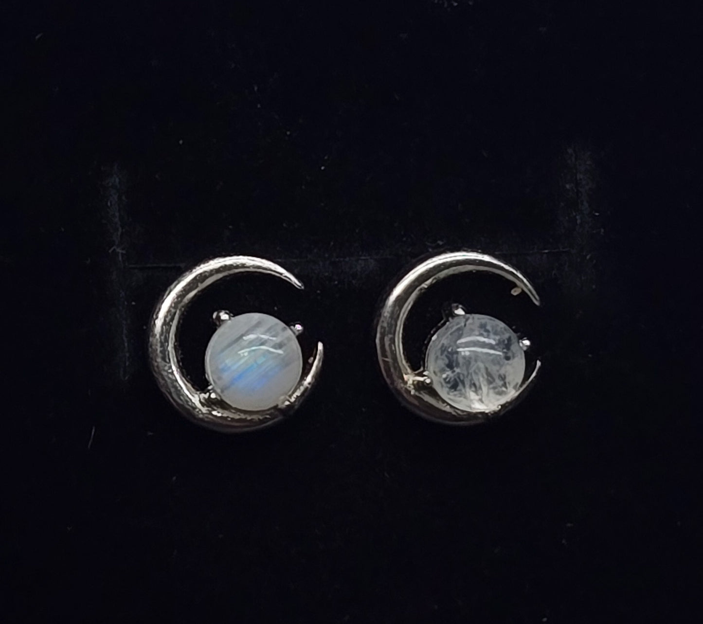 Rainbow Moonstone Flashy silver crescent sterling silver gemstone stud earrings