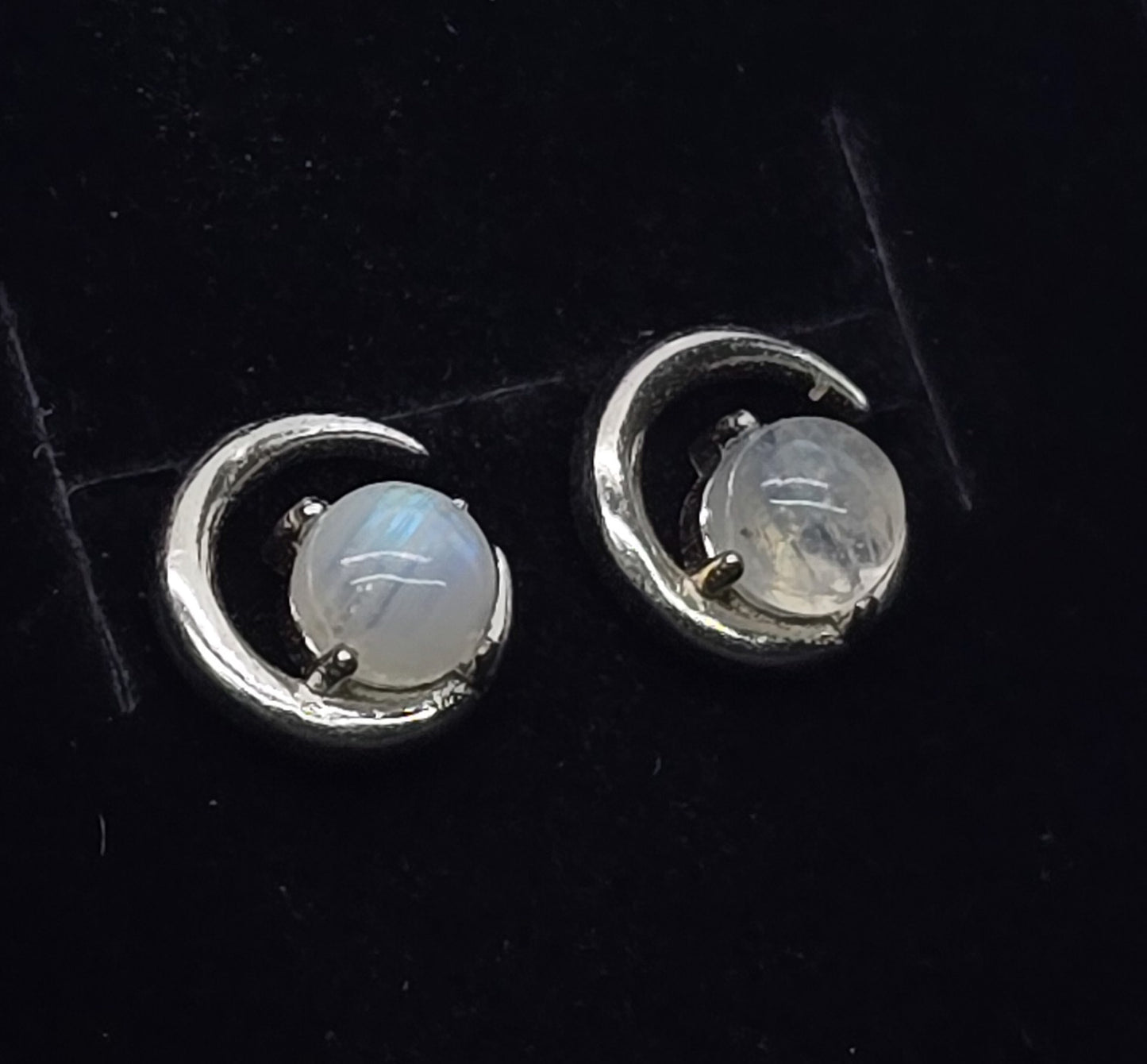 Rainbow Moonstone Flashy silver crescent sterling silver gemstone stud earrings