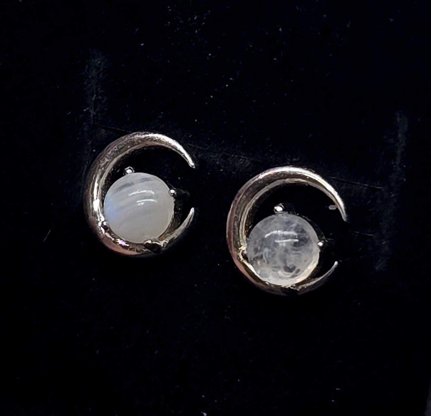 Rainbow Moonstone Flashy silver crescent sterling silver gemstone stud earrings