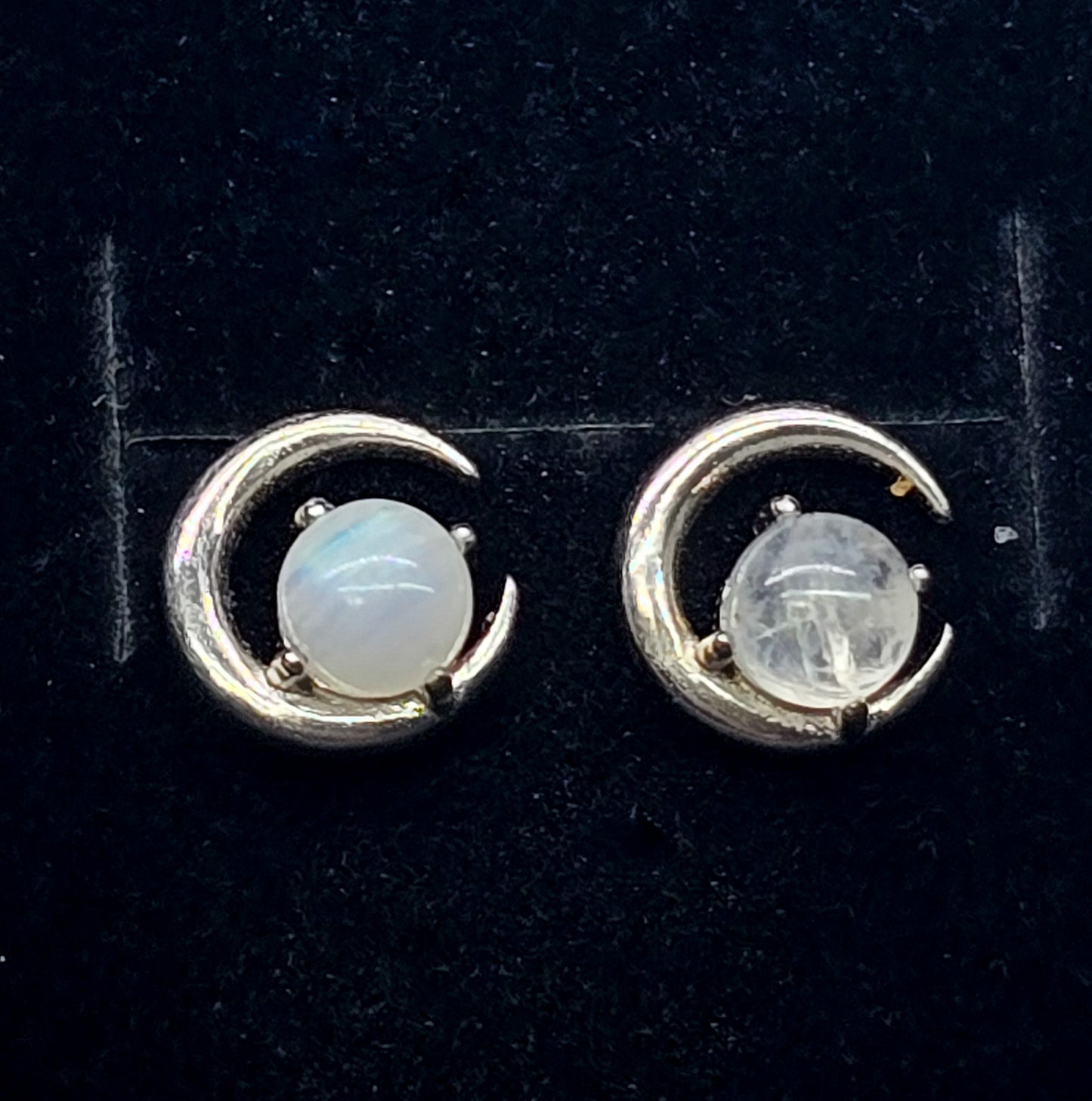 Rainbow Moonstone Flashy silver crescent sterling silver gemstone stud earrings