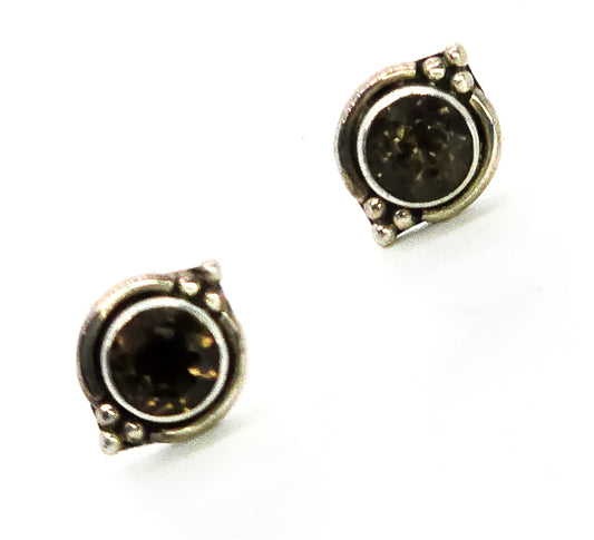 Brown smokey quartz 1ct IS vintage tribal sterling silver stud earrings