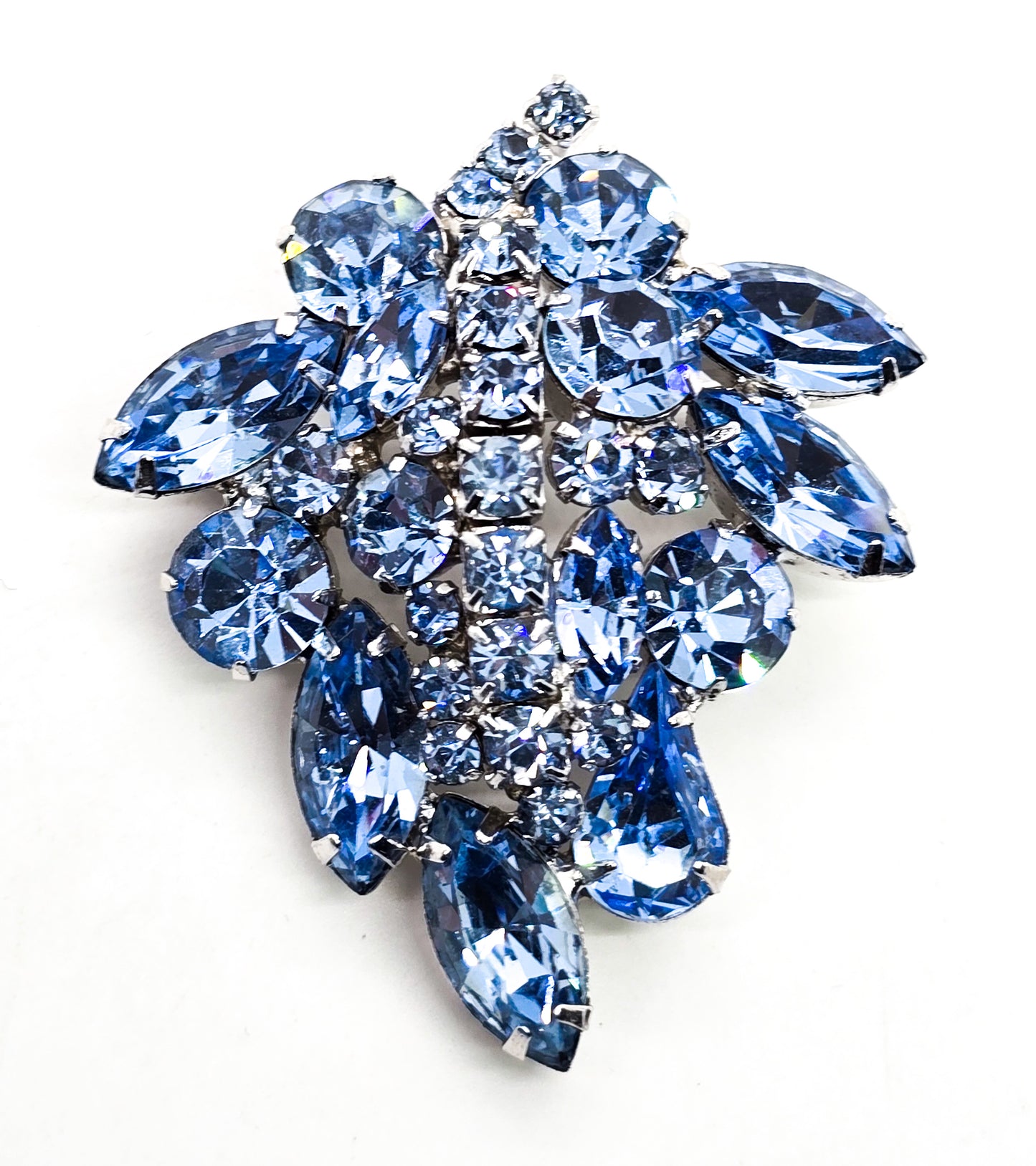 Wiess Baby blue vintage rhinestone leaf signed cluster brooch mid century