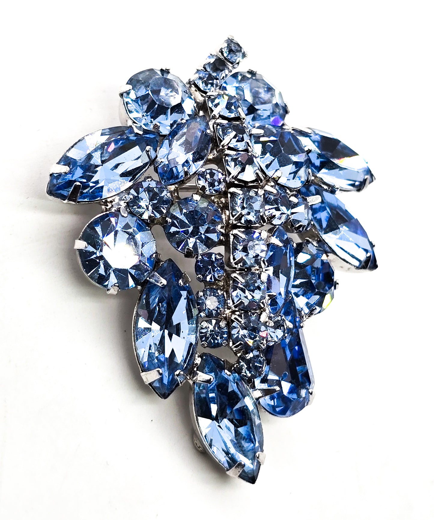 Wiess Baby blue vintage rhinestone leaf signed cluster brooch mid century