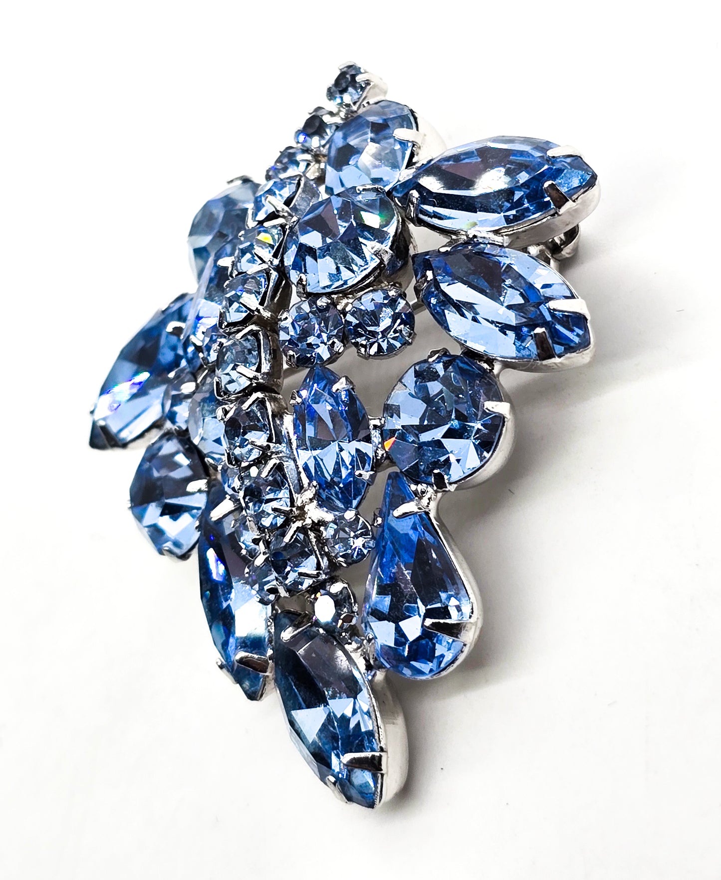 Wiess Baby blue vintage rhinestone leaf signed cluster brooch mid century