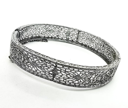 Art Deco Rhodium filigree hinged vintage bangle bracelet