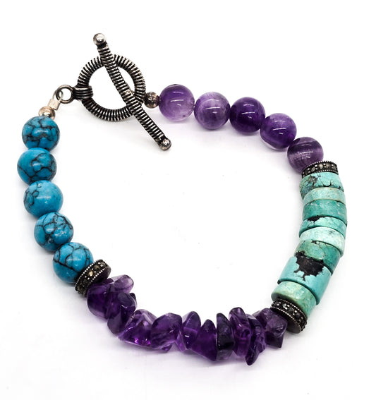 Peruvian turquoise amethyst and blue howlite sterling silver gemstone toggle bracelet