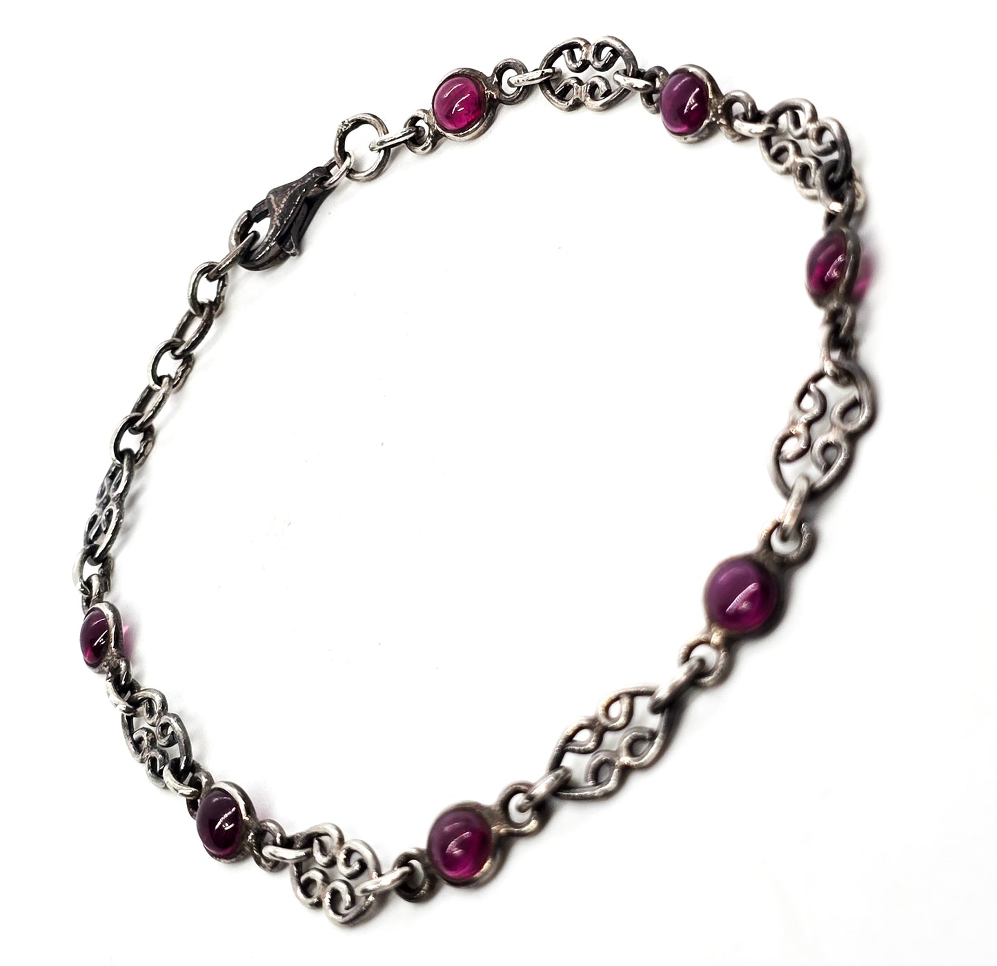 Umbalite purple garnet gemstone sterling silver double heart bracelet 8.75 inches