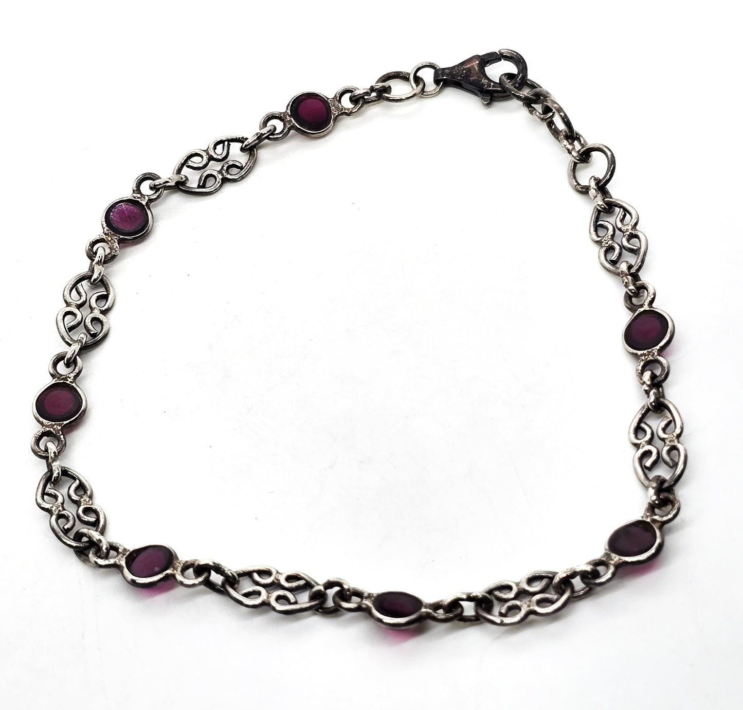 Umbalite purple garnet gemstone sterling silver double heart bracelet 8.75 inches