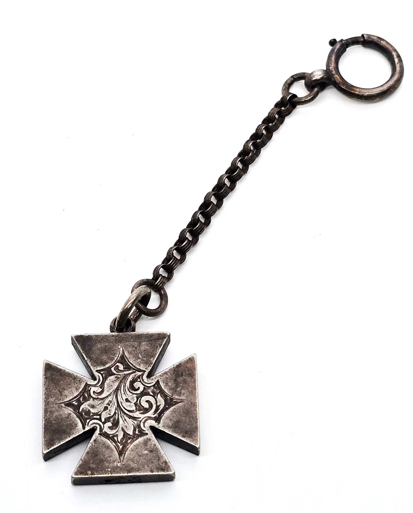 Victorian Maltese cross etched antique sterling silver watch fob Engraved AP