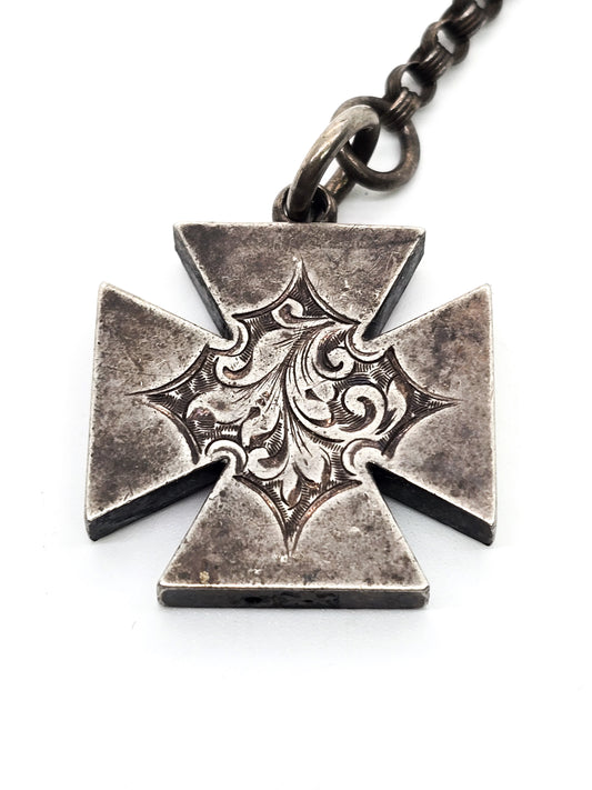 Victorian Maltese cross etched antique sterling silver watch fob Engraved AP