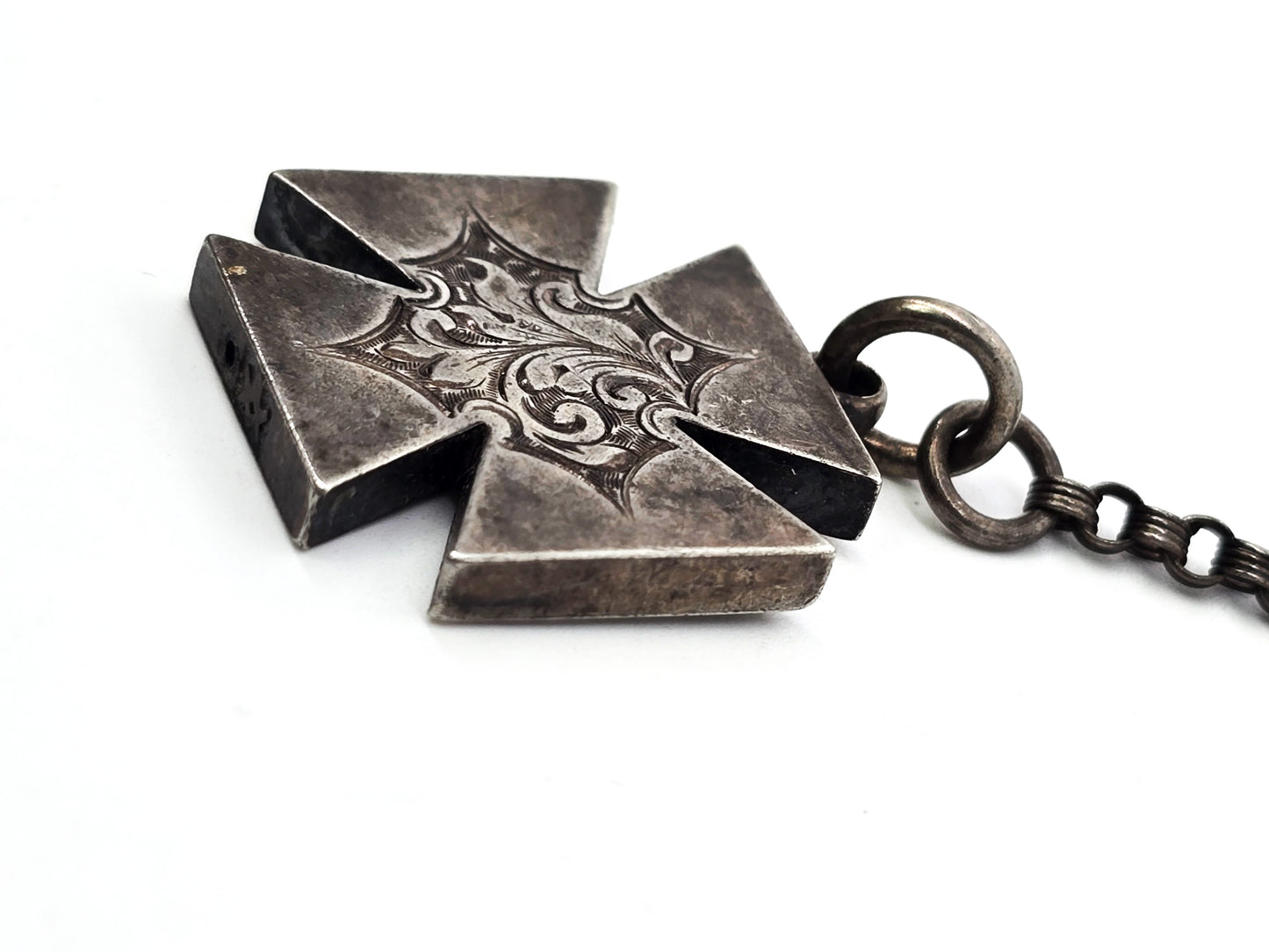 Victorian Maltese cross etched antique sterling silver watch fob Engraved AP