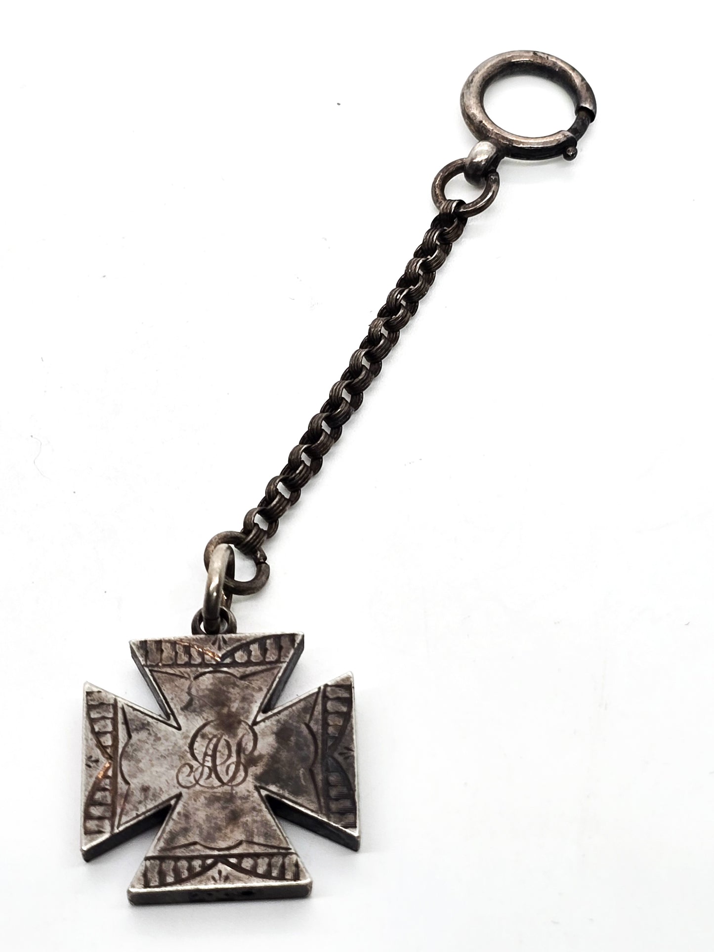 Victorian Maltese cross etched antique sterling silver watch fob Engraved AP