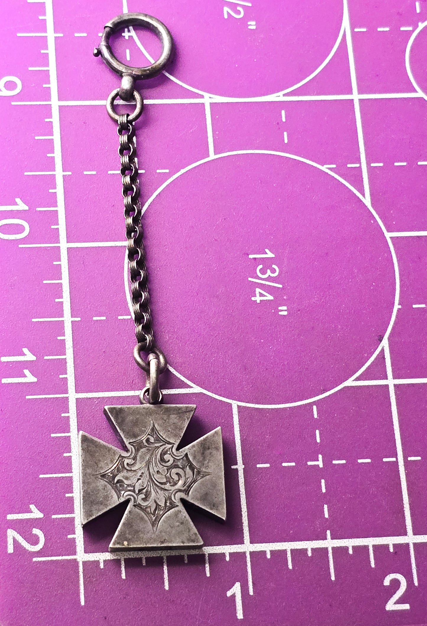 Victorian Maltese cross etched antique sterling silver watch fob Engraved AP