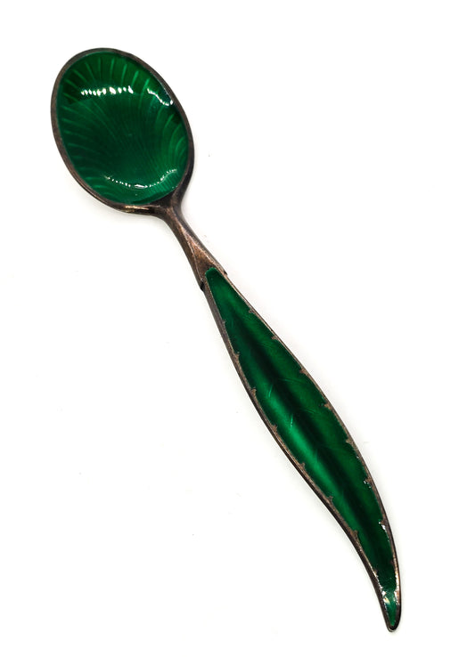 Ottar Hval Sterling Silver Norway signed antique Guilloche Enamel green leaf Spoon